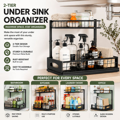 2 Tier Under Sink Organiser with Sliding Drawer
